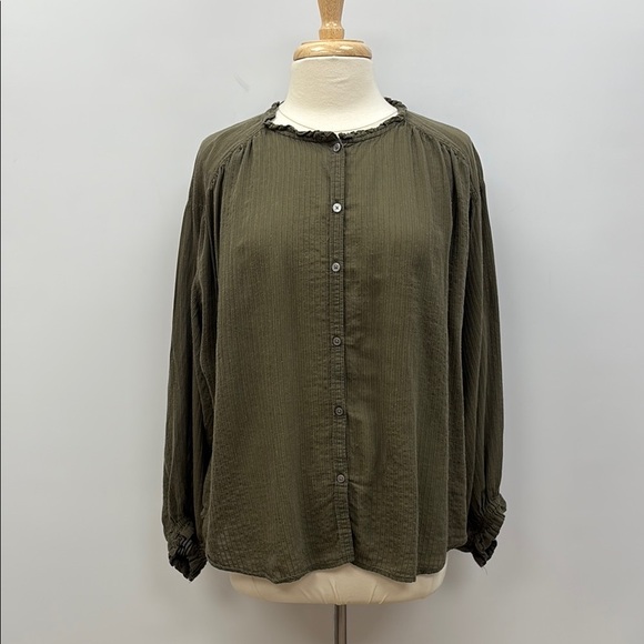 Ann Taylor LOFT Woven Striped Boxy Button Down Oversized Shirt Green Large - Picture 2 of 10